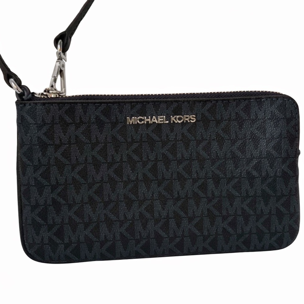 Michael Kors MK Logo Wristlet Pouch Black Navy Zip Clutch